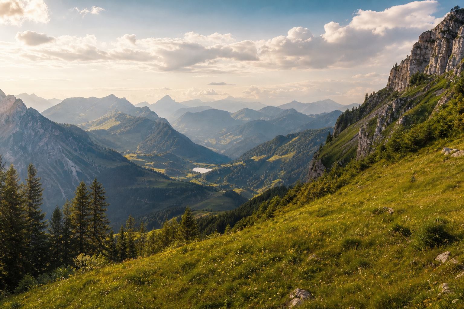 Bayerische Alpen mit Bergsee und Nadelwald im weichen Morgenlicht