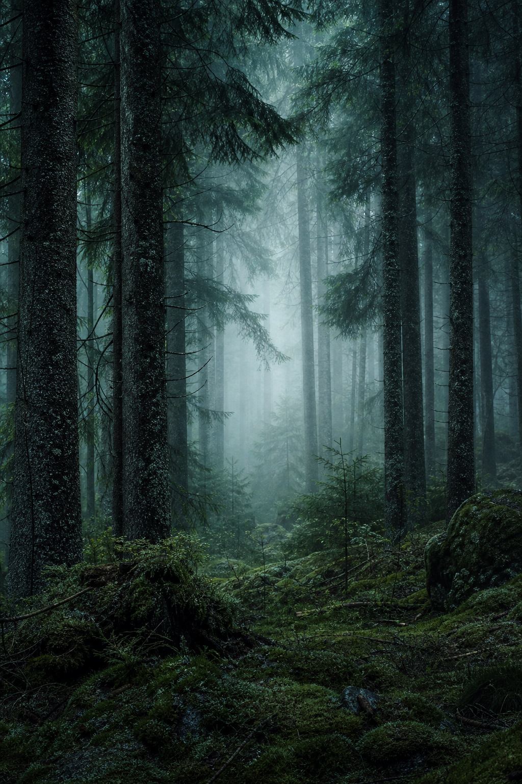 Fichtenwald im Schwarzwald mit weichem Nebel