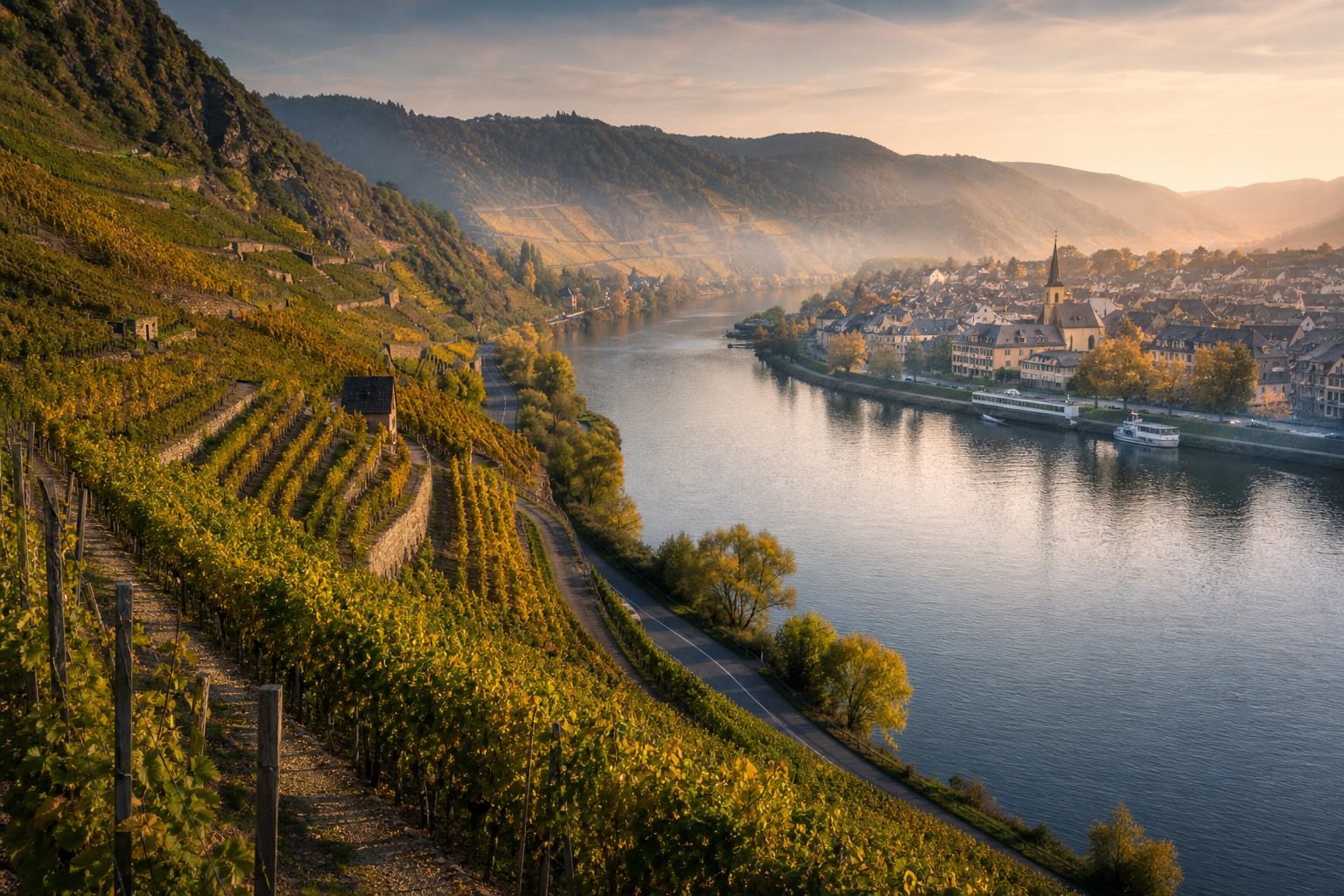 Moselschleife mit Weinbergen und Flusslauf im Herbstlicht